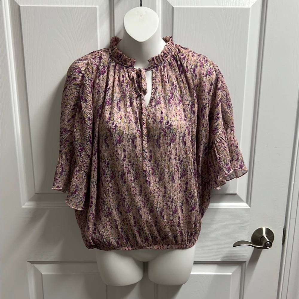 Hailey & Co. Women’s Pink Purple Floral Blouse with Ruffle Sleeves